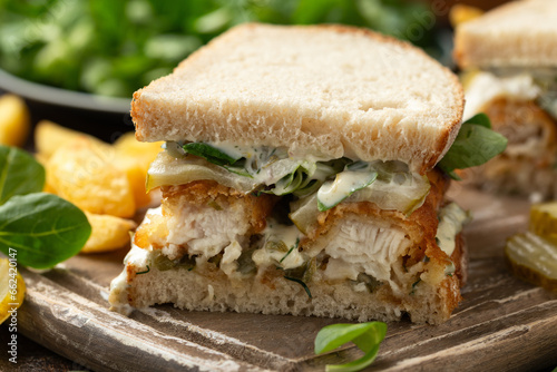 Fish Finger Sandwich on wooden board with potato fries