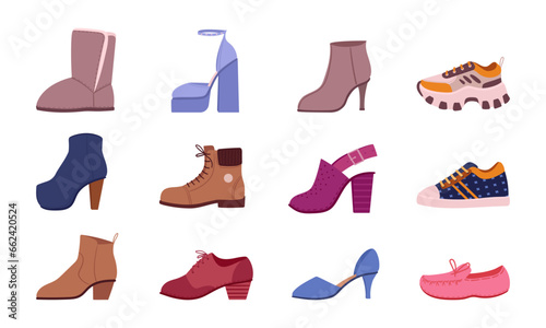 Female footwear. Cartoon shoes and boots, sneakers, heels and sandals flat vector illustrations set. Trendy footwear collection
