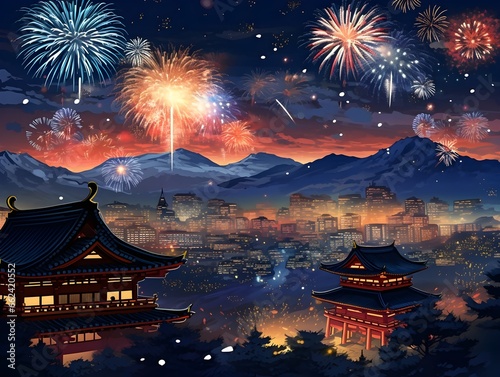 The fireworks over night city, illustrations, ai generative
