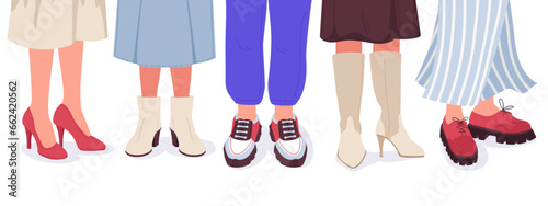 Human legs wearing shoes. Cartoon people wear casual boots, leather loafers and sneakers, trendy male and female outfits. Fashion footwear flat vector illustration set