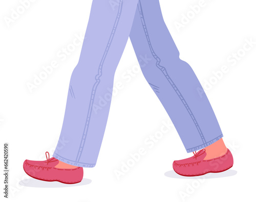 Walking legs in moccasins.Female legs wearing jeans and trendy shoes, casual female footwear. Stylish moccasins flat vector illustration