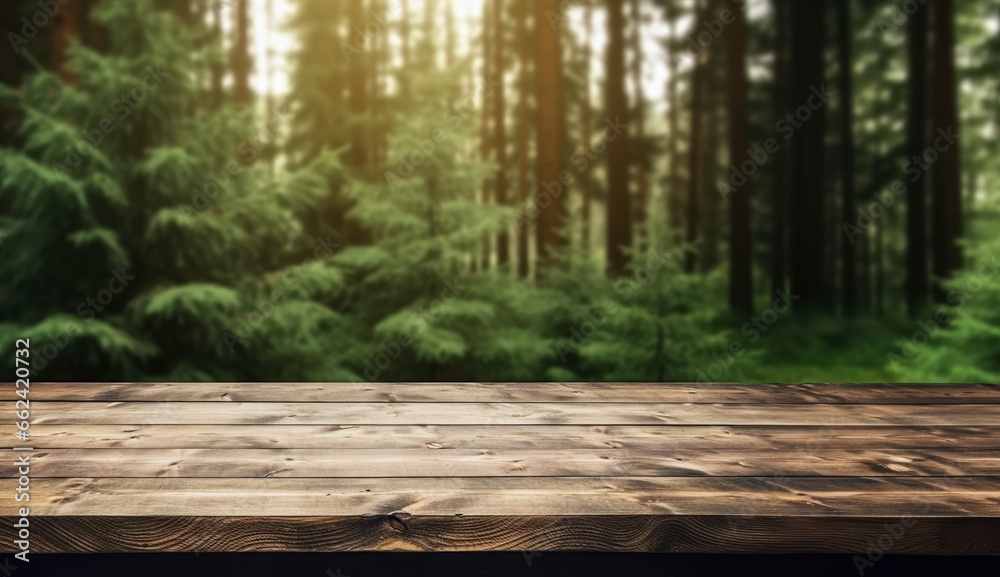 Empty rustic old wooden boards table copy space with blurred calm forest background. Product display template. Generative AI Empty rustic old wooden boards table copy space with blurred calm forest background. Product display template. Generative AI