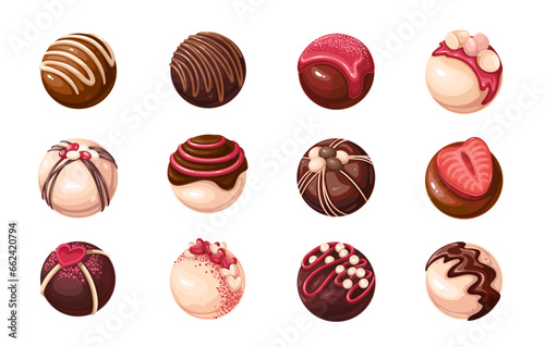 Chocolate bombs set vector illustration. Cartoon isolated choco candy balls in assortment collection for confectionery with white and dark chocolate, strawberry and sugar icing decoration on top