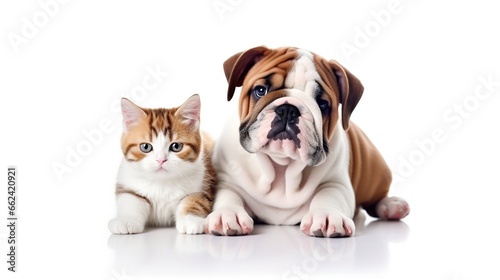 Cat and bulldog sit down together isolated white background. AI generated image