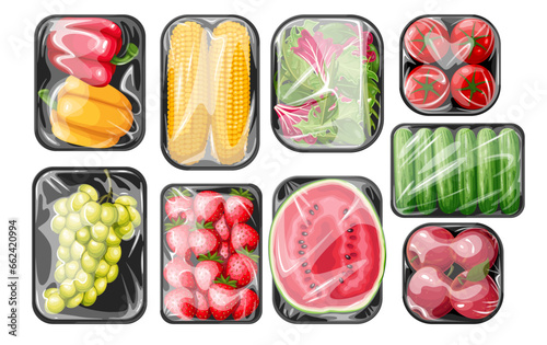 Fresh vegetables and fruit in polyethylene wrapping and plastic trays set vector illustration. Cartoon isolated black styrofoam packages with ripe food products, trays of grocery store and supermarket