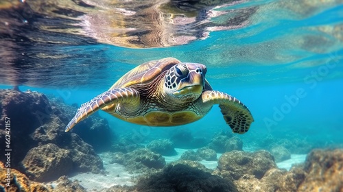Turtle cruising clean blue sea. AI generated image © prastiwi