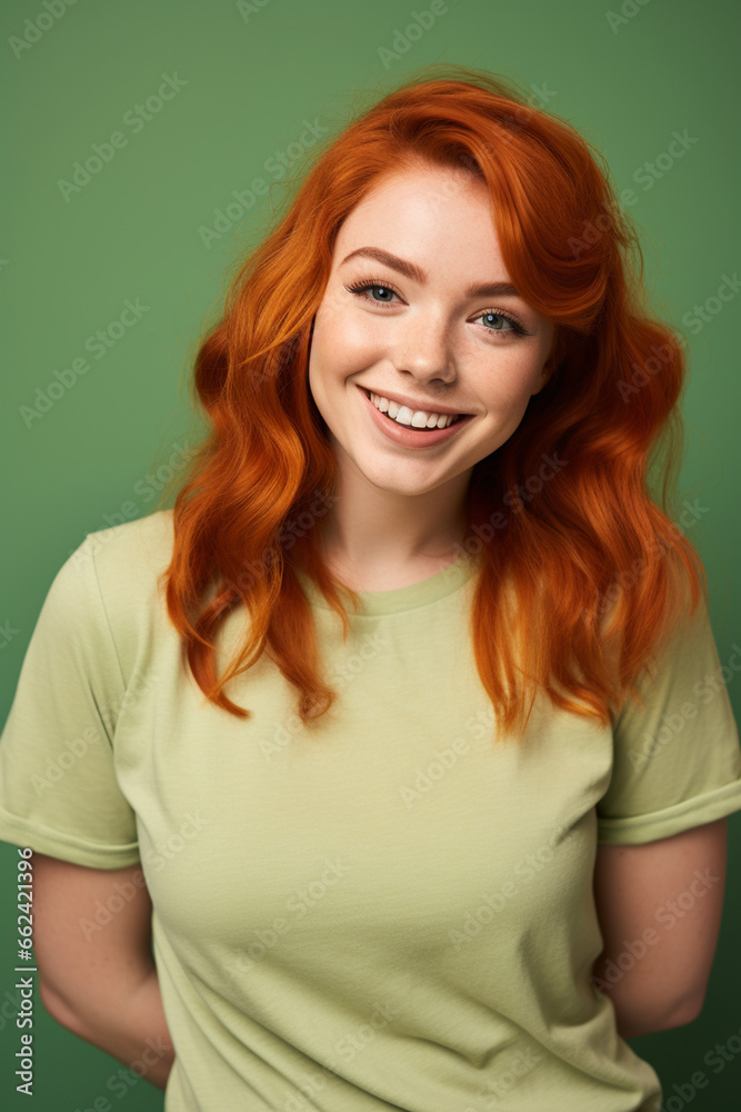 Fototapeta premium Laughing girl with red hair on a light green background