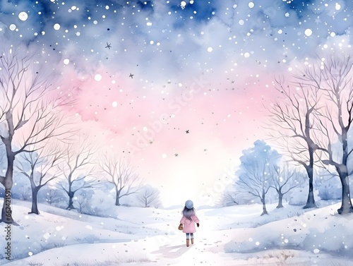 The watercolor illustrated snowscape background with the lonely girl, ai generative