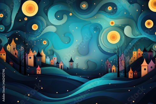 Wallpaper Mural Night landscape with village and moon in the sky. Abstract landscape for Christmas night.  Christmas background.  Torontodigital.ca