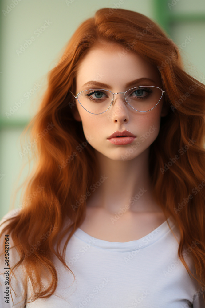 serious girl with red hair wearing glasses on a light green background serious girl with red hair wearing glasses on a light green background
