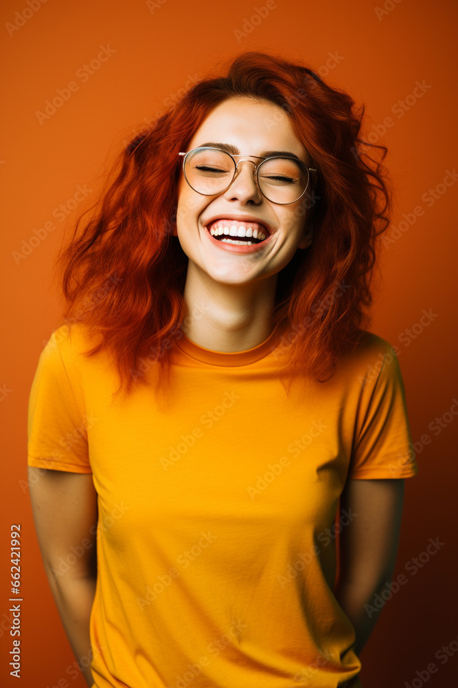 Laughing girl with red hair wearing glasses, orange background Laughing girl with red hair wearing glasses, orange background