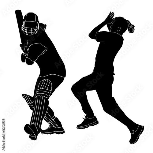 vector cricket  batsman and bowler silhouettes background