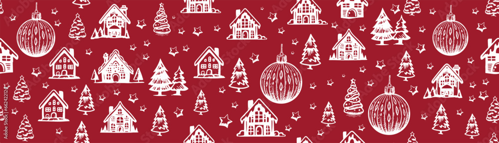 Christmas house and tree drawn illustrations	
