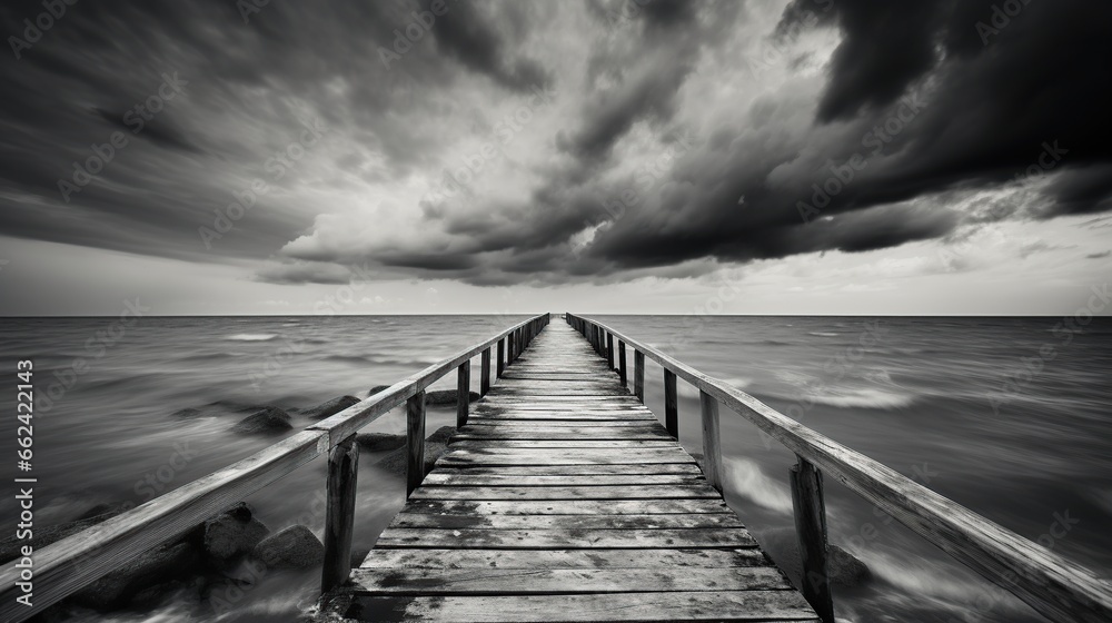 Dramatic view tropical sea with wooden dock bridge.AI generated image