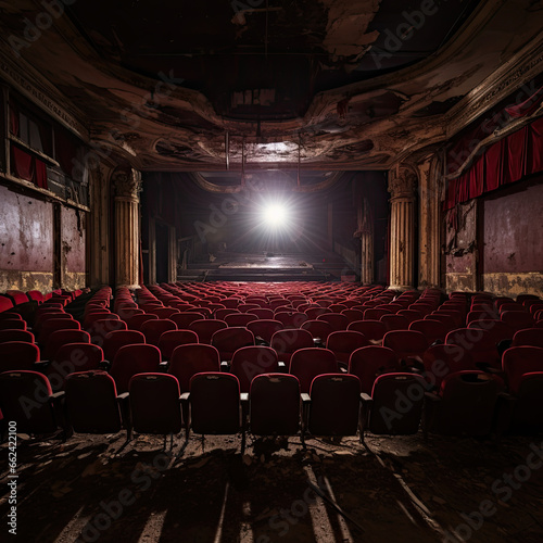 Abandoned theater with faded velvet seats and dust covered stage