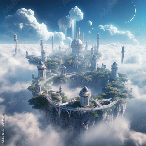 Ethereal city in the clouds with floating islands