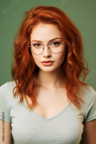 serious girl with red hair wearing glasses on a light green background