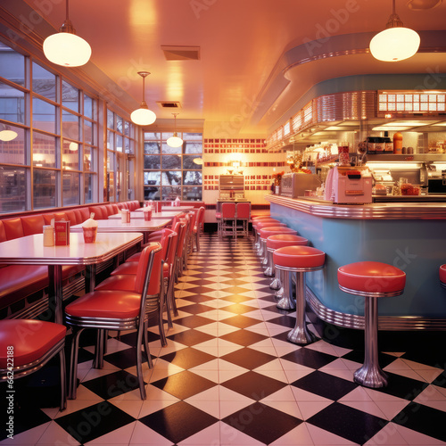 Retro diner with checkered floors and neon signs
