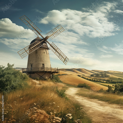 Rustic windmill on a picturesque countryside hill
