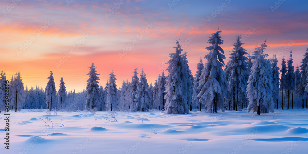 Frosty Serenity, Majestic Snow-covered Pine Trees in Breathtaking Winter Panorama