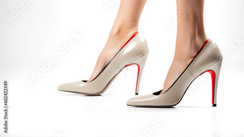 Explore the fashion-forward world of high heel shoes with a close-up of a woman's foot in stylish footwear. Admire the elegance of fashionable heels and feminine style.