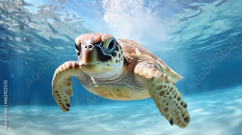 Turtle cruising clean blue sea. AI generated image