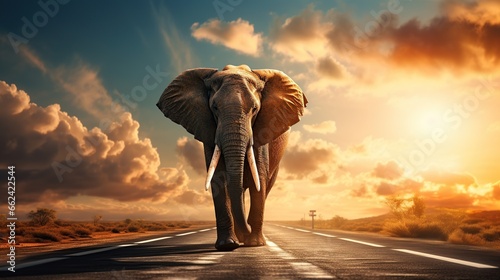 Elephant walking on road at sunset view. AI generated image