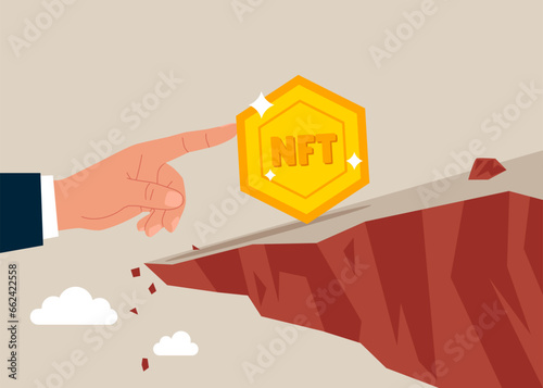 Investor push NFT token from falling down the cliff. Fluctuation, currency crisis or panic sales. Flat vector illustration