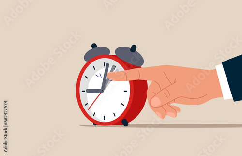 Trying Slow Down Time. Hand businessman slows down Clock Arrows on Huge Watches. Flat vector illustration