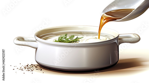 Experience the culinary magic as a talented chef stirs a flavorful pot of soup, infusing it with aromatic goodness. photo