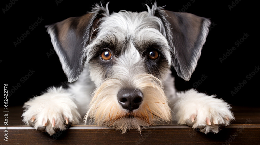 Watch a close-up of a Miniature Schnauzer puppy playing and enjoying a cute and playful moment.