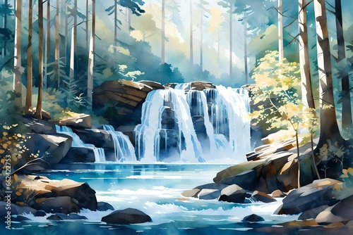 waterfall in the mountains A watercolor illustration of a forest waterfall, reminiscent of Winslow Homer, capturing the beauty of nature, cool blue hues, joyful expressions