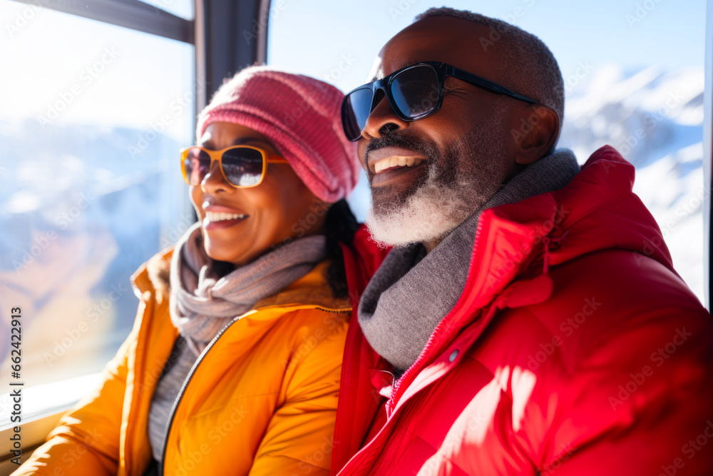 Joyful couple enjoying snowy mountain cable car ride. Joyful couple enjoying snowy mountain cable car ride.