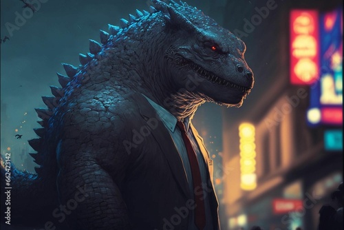 AI generated illustration of a Godzilla-like creature standing in the street photo