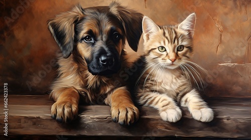 Cat and dog sit down together isolated blur background. AI generated image © prastiwi
