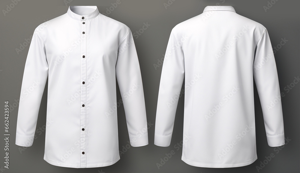 A 3D rendering of a blank white chef's jacket with buttons, mockup viewed from the front, set within an isolated restaurant or hotel environment. - obrazy, fototapety, plakaty 