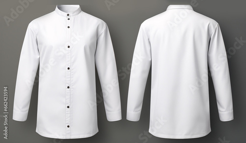 A 3D rendering of a blank white chef's jacket with buttons, mockup viewed from the front, set within an isolated restaurant or hotel environment. photo