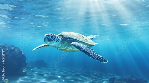 Turtle cruising clean blue sea. AI generated image © prastiwi