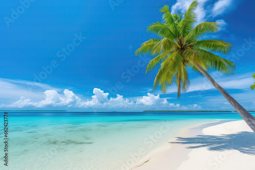Beautiful And Natural Tropical Landscape Featuring Beach With White Sand And Palm Tree Leaning Over Calm Ocean Waves The Turquoise Ocean Is Set Against Blue Sky With Clouds © Anastasiia