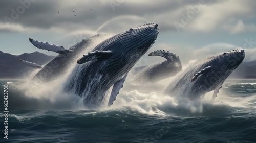 Majestic pod of humpback whales breaching in unison, creating a breathtaking display of power and grace. © Sajawal
