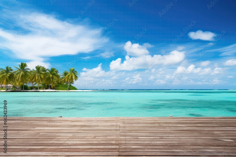 Beautiful Tropical Landscape Background, Symbolizing Summer Travel And Vacation, Featuring Wooden Pier Leading To Island In The Ocean Against Blue Sky With White Clouds I