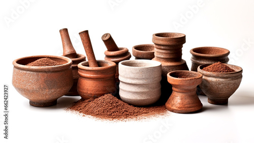 Discover a set of kitchen grinding tools, including mortars and pestles with a ground surface, ideal for spice grinding and food preparation.