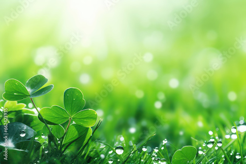 Beautiful Nature Background Featuring Morningfresh Grass And Ladybug On Grass And Clover Leaves Adorned With Dewdrops Outdoors In Summer And Spring, Serving As Template For Design