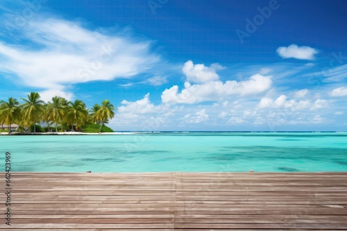 Beautiful Tropical Landscape Background, Symbolizing Summer Travel And Vacation, Featuring Wooden Pier Leading To Island In The Ocean Against Blue Sky With White Clouds I © Anastasiia