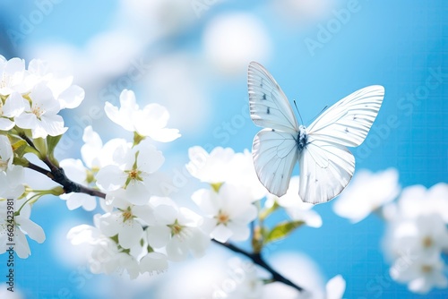 Beautiful White Butterfly Perched On White Flower Buds Against Soft Blurred Blue Background In Spring Or Summer Nature, Resulting In Gentle, Dreamy, And Artistic Image