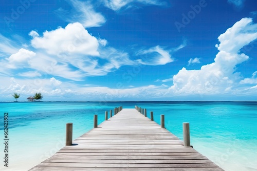 Beautiful Tropical Landscape Background, Symbolizing Summer Travel And Vacation, Featuring Wooden Pier Leading To Island In The Ocean Against Blue Sky With White Clouds