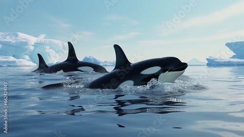 Pod of graceful Orcas gliding through the icy waters of the Arctic, their dorsal fins slicing through the surface.