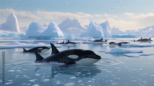 Pod of graceful Orcas gliding through the icy waters of the Arctic, their dorsal fins slicing through the surface.