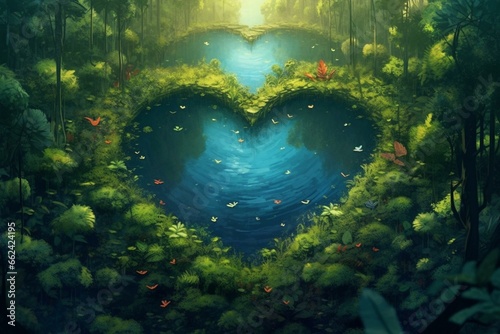 Heart-shaped lake in a lush forest with a view of blue water and treetops from above during the day. Generative AI