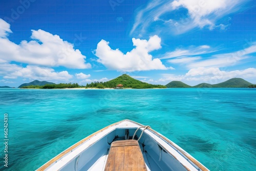 Boat Sailing In Turquoise Ocean Waters Against Blue Sky With White Clouds And Tropical Island, Presenting Natural Landscape Perfect For Summer Vacations In Panoramic View